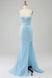 Glitter Himmelsblå Spaghetti Straps Mermaid Balklänning med slits