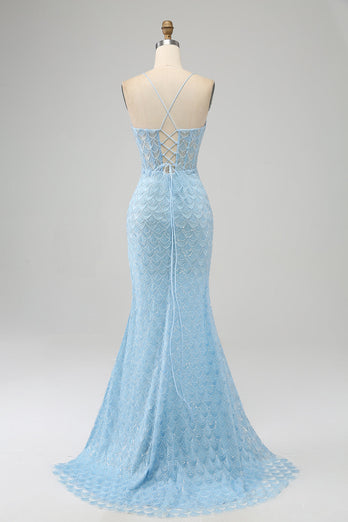 Glitter Himmelsblå Spaghetti Straps Mermaid Balklänning med slits