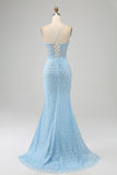 Glitter Himmelsblå Spaghetti Straps Mermaid Balklänning med slits