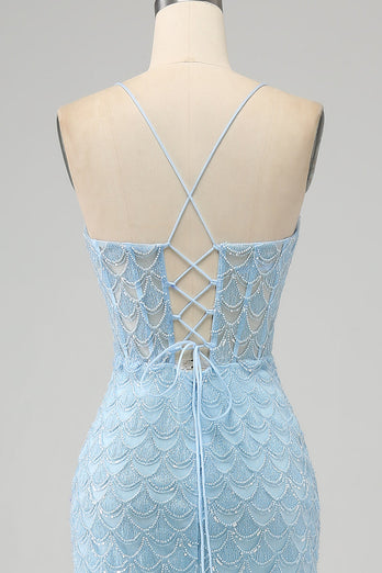 Glitter Himmelsblå Spaghetti Straps Mermaid Balklänning med slits