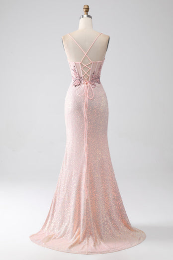 Glitter Rosa pärlstav sjöjungfru balklänning med slits