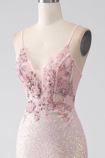 Glitter Rosa pärlstav sjöjungfru balklänning med slits