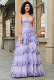 Princess A Line Sweetheart Lavender Corset Balklänning med Tiered Spets