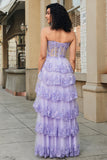 Princess A Line Sweetheart Lavender Corset Balklänning med Tiered Spets