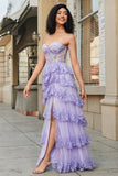Princess A Line Sweetheart Lavender Corset Balklänning med Tiered Spets