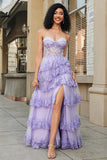 Princess A Line Sweetheart Lavender Corset Balklänning med Tiered Spets