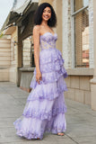 Princess A Line Sweetheart Lavender Corset Balklänning med Tiered Spets