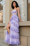Princess A Line Sweetheart Lavender Corset Balklänning med Tiered Spets