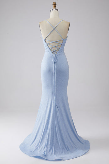 Ljusblå glittrande sjöjungfru balklänning med slits