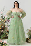 Grön En Linje Från Axeln Plus Size Balklänning med Broderi
