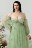 Grön En Linje Från Axeln Plus Size Balklänning med Broderi