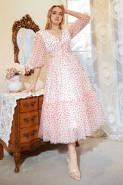 En linje Deep V Neck White Red Dot Tea Längd Prom Klänning