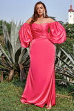 Mantel av axeln Fuchsia Plus Size Bal Klänning med långa ärmar