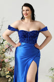 Kungsblå Mantel Utanför Axeln Plus Size Balklänning med Delad Front