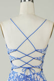 Mantel V-ringad Blå Kort Homecoming Klänning med applikationer Criss Cross Back