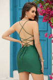 Mörkgrön Glittrande Pärlstav Bodycon Hemkomstklänning med Spets