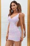 Lila Glittrande öppna Rygg Paljetter Bodycon Kort Hemkomstklänning