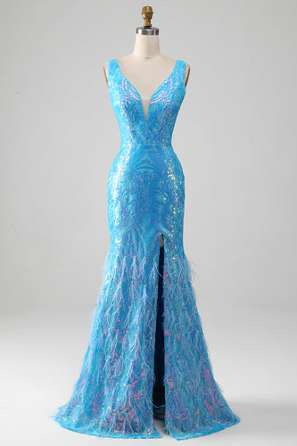 Glittrande blå sjöjungfru V-ringad lång balklänning med slits