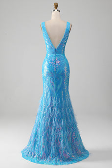 Glittrande blå sjöjungfru V-ringad lång balklänning med slits
