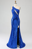 One Shoulder Royal Blue Mermaid Balklänning med slits