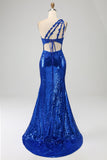 One Shoulder Royal Blue Mermaid Balklänning med slits
