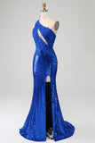 One Shoulder Royal Blue Mermaid Balklänning med slits