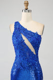 One Shoulder Royal Blue Mermaid Balklänning med slits