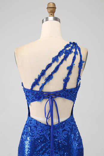 One Shoulder Royal Blue Mermaid Balklänning med slits