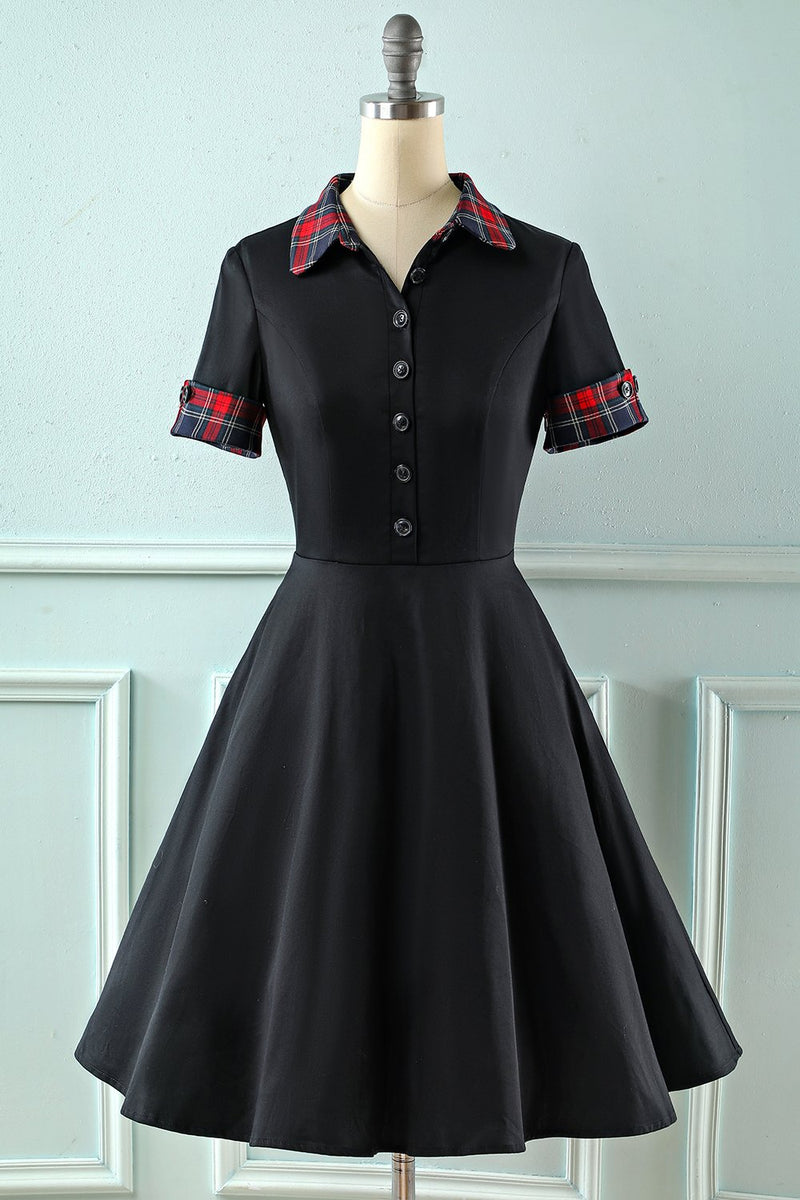 Load image into Gallery viewer, Svart lapel hals pläd vintage 1950-talet klänning