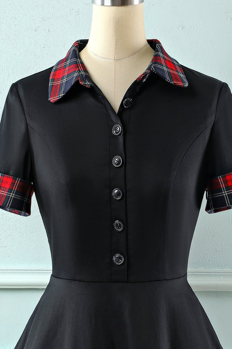 Load image into Gallery viewer, Svart lapel hals pläd vintage 1950-talet klänning