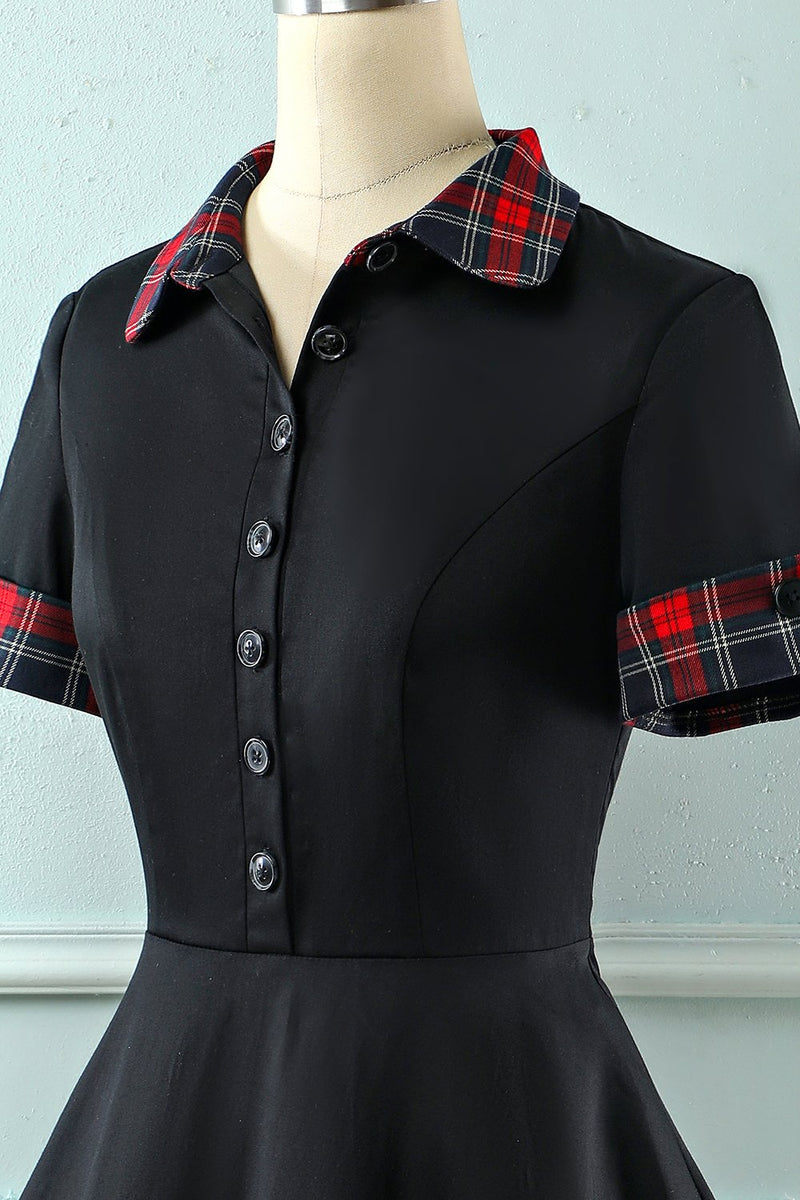 Load image into Gallery viewer, Svart lapel hals pläd vintage 1950-talet klänning