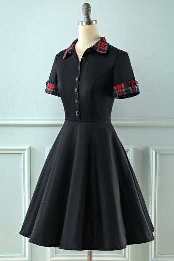 Svart lapel hals pläd vintage 1950-talet klänning