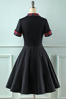 Svart lapel hals pläd vintage 1950-talet klänning