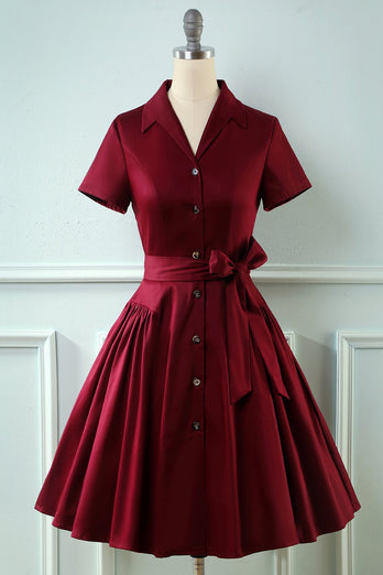 V-ringning Vinröd Vintage klänning med kort ärm