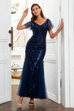 Navy Blue Sequins Sjöjungfru Mor till Brudklänningen