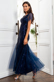 Navy Blue Sequins Sjöjungfru Mor till Brudklänningen