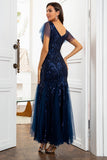 Navy Blue Sequins Sjöjungfru Mor till Brudklänningen