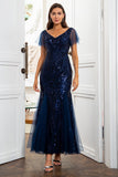 Navy Blue Sequins Sjöjungfru Mor till Brudklänningen