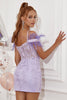 Load image into Gallery viewer, Lavendel utanför axeln Festklänning med fjädrar