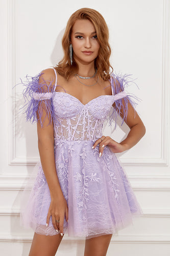 Lavendel Off-shoulder Festklänning med fjädrar