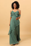 Eucalyptus Spaghetti Straps Long Bridesmaid Klänning med Ruffles