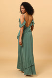Eucalyptus Spaghetti Straps Long Bridesmaid Klänning med Ruffles