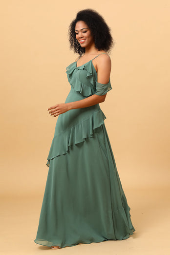 Eucalyptus Spaghetti Straps Long Bridesmaid Klänning med Ruffles