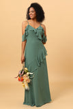 Eucalyptus Spaghetti Straps Long Bridesmaid Klänning med Ruffles