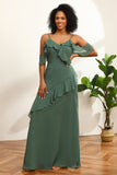 Eucalyptus Spaghetti Straps Long Bridesmaid Klänning med Ruffles