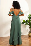 Eucalyptus Spaghetti Straps Long Bridesmaid Klänning med Ruffles