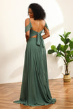 Eukalyptus Ruched Lace-Up Back Lång Chiffong Brudtärnklänning