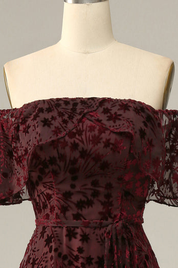 Vinröd Blomma Off-Shoulder Aftonklänning