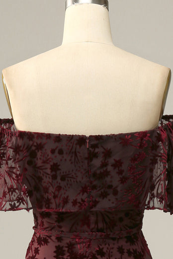 Vinröd Blomma Off-Shoulder Aftonklänning