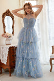 En Line Halter Grey Blue Plus Size Bal Dress med broderi